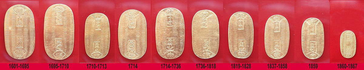 Evolución del tamaño del koban durante el periodo Tokugawa. De izquierda a derecha: Keichō koban (1601-1695), Genroku koban (1695-1710), Hōei koban (1710-1714), Shōtoku koban (1714), Kyōhō koban (1714-1736), Genbun koban (1736-1818), Bunsei koban (1819-1828), Tenpō koban (1837-1858), Ansei koban (1859) y Man'en koban (1860-1867).