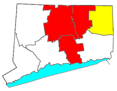 En rojo el área metropolitana de Hartford, junto con el condado de Windham en amarillo con el que conforma el Área Estadística Metropolitana Combinada de Hartford-West Hartford-Willimantic.