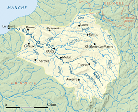 Localización aproximada de la boca del Suize en el río Marne en un mapa de la cuenca del Sena (el Suize no está representado)