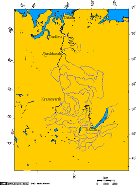 Localización de la boca del Uchami en el Tunguska Inferior, en la cuenca del Yeniséi (el río no está grafiado)