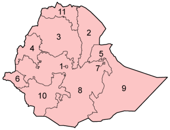 The regions and chartered cities of Ethiopia, numbered alphabetically.