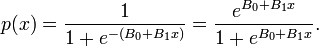 p(x) = \frac{1}{1+e^{-(B_0+B_1x)}} = \frac{e^{B_0 + B_1x}}{1+e^{B_0+B_1x}}.