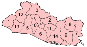 Mapa de El Salvador con señalamiento de sus departamentos.