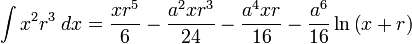 \int x^2 r^3\;dx= \frac{xr^5}{6}-\frac{a^2xr^3}{24}-\frac{a^4xr}{16}-\frac{a^6}{16}\ln\left(x+r\right)