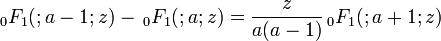 \,_0F_1(;a-1;z)-\,_0F_1(;a;z) = \frac{z}{a(a-1)}\,_0F_1(;a+1;z)