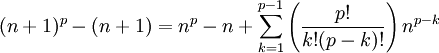 (n+1)^p-(n+1)=n^p-n+\sum_{k=1}^{p-1}\left(\frac{p!}{k!(p-k)!}\right)n^{p-k}