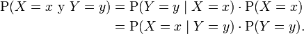 
\begin{align}
\mathrm{P}(X=x\ \mathrm{y}\ Y=y) & {} = \mathrm{P}(Y=y \mid X=x) \cdot \mathrm{P}(X=x) \\
& {} = \mathrm{P}(X=x \mid Y=y) \cdot \mathrm{P}(Y=y).
\end{align}
