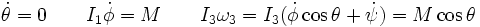 \dot\theta = 0 \qquad I_1\dot\phi = M \qquad I_3\omega_3 = I_3(\dot\phi \cos\theta + \dot\psi) = M \cos \theta