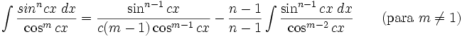 \int\frac{sin^n cx\;dx}{\cos^m cx} = \frac{\sin^{n-1} cx}{c(m-1)\cos^{m-1} cx}-\frac{n-1}{n-1}\int\frac{\sin^{n-1} cx\;dx}{\cos^{m-2} cx} \qquad\mbox{(para }m\neq 1\mbox{)}