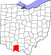 Mapa de Ohio con la ubicación del condado de Adams
