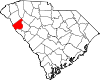 Mapa de Carolina del Sur con la ubicación del condado de Abbeville