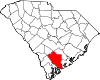 Mapa de Carolina del Sur con la ubicación del condado de Colleton