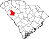 Mapa de Carolina del Sur con la ubicación del condado de Greenwood