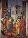 La distribución de los bienes y la muerte de Ananías, Masaccio (restaurada)