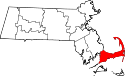 Mapa de Massachusetts con el Condado de Barnstable resaltado
