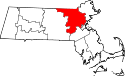 Mapa de Massachusetts con el Condado de Middlesex resaltado
