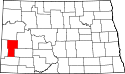 Mapa de Dakota del Norte con el Condado de Billings resaltado