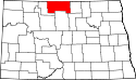 Mapa de Dakota del Norte con el Condado de Bottineau resaltado