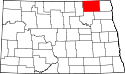 Mapa de Dakota del Norte con el Condado de Cavalier resaltado