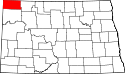 Mapa de Dakota del Norte con el Condado de Divide resaltado
