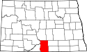 Mapa de Dakota del Norte con el Condado de Emmons resaltado