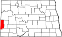 Mapa de Dakota del Norte con el Condado de Golden Valley resaltado