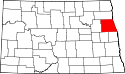 Mapa de Dakota del Norte con el Condado de Grand Forks resaltado