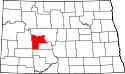 Mapa de Dakota del Norte con el Condado de Mercer resaltado