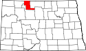 Mapa de Dakota del Norte con el Condado de Renville resaltado