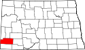 Mapa de Dakota del Norte con el Condado de Slope resaltado