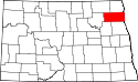 Mapa de Dakota del Norte con el Condado de Walsh resaltado