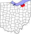 Mapa de Ohio con el Condado de Cuyahoga resaltado