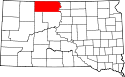 Mapa de Dakota del Sur con el Condado de Corson resaltado