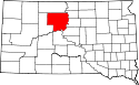 Mapa de Dakota del Sur con el Condado de Dewey resaltado