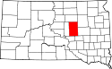Mapa de Dakota del Sur con el Condado de Hand resaltado