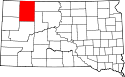 Mapa de Dakota del Sur con el Condado de Perkins resaltado