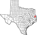 Mapa de Texas con el Condado de San Augustine resaltado