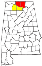 Mapa de Alabama con el área metropolitana de Huntsville en rojo y la de Decatur en amarillo