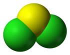 Modelo de Space-filling (bolas que llenan todo el espacio) del cloruro de azufre(II)