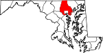 Mapa de Maryland con la ubicación del condado de Baltimore