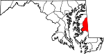 Mapa de Maryland con la ubicación del condado de Caroline
