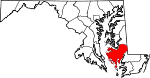 Mapa de Maryland con la ubicación del condado de Dorchester