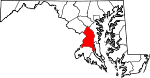 Mapa de Maryland con la ubicación del condado de Prince George's