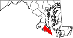 Mapa de Maryland con la ubicación del condado de Saint Mary's