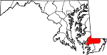 Mapa de Maryland con la ubicación del condado de Wicomico
