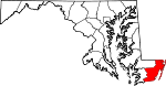 Mapa de Maryland con la ubicación del condado de Worcester