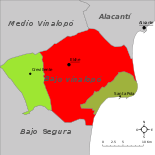Localización de Elche respecto a la comarca del Bajo Vinalopó