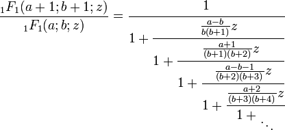 \frac{{}_1F_1(a+1;b+1;z)}{{}_1F_1(a;b;z)} = \cfrac{1}{1 + \cfrac{\frac{a-b}{b(b+1)} z}{1 + \cfrac{\frac{a+1}{(b+1)(b+2)} z}{1 + \cfrac{\frac{a-b-1}{(b+2)(b+3)} z}{1 + \cfrac{\frac{a+2}{(b+3)(b+4)} z}{1 + {}_\ddots}}}}}