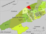 Localización de Bellús con respecto a la comarca del Valle de Albaida