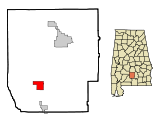Ubicación en el condado de Butler y en el estado de Alabama Ubicación de Alabama en EE. UU.